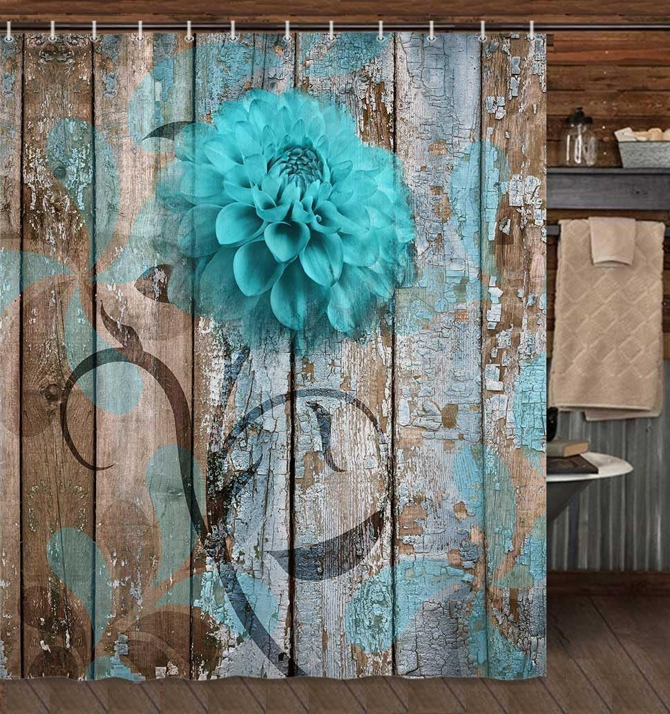 Farmhouse Floral Shower Curtain Set in Rustic Teal and Turquoise Dahlia Design, Country Blue Wild Garden Fabric with Hooks, Surreal Bathroom Decor, 69x70 Inches