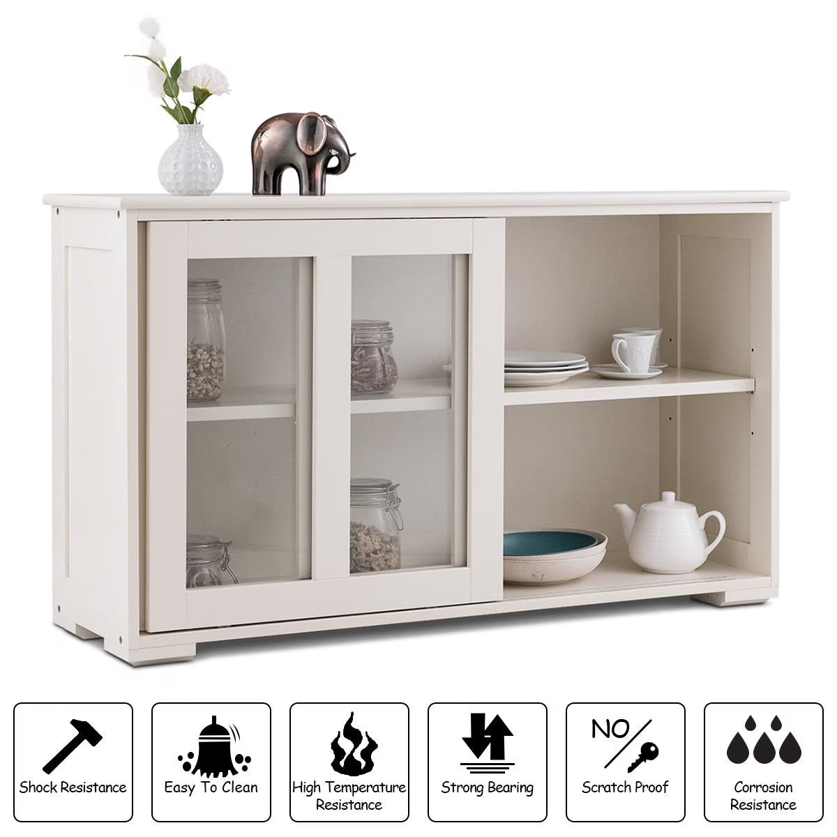 Storage Cabinet Sideboard Buffet Cupboard Glass Sliding Door Pantry Kitchen Off-White