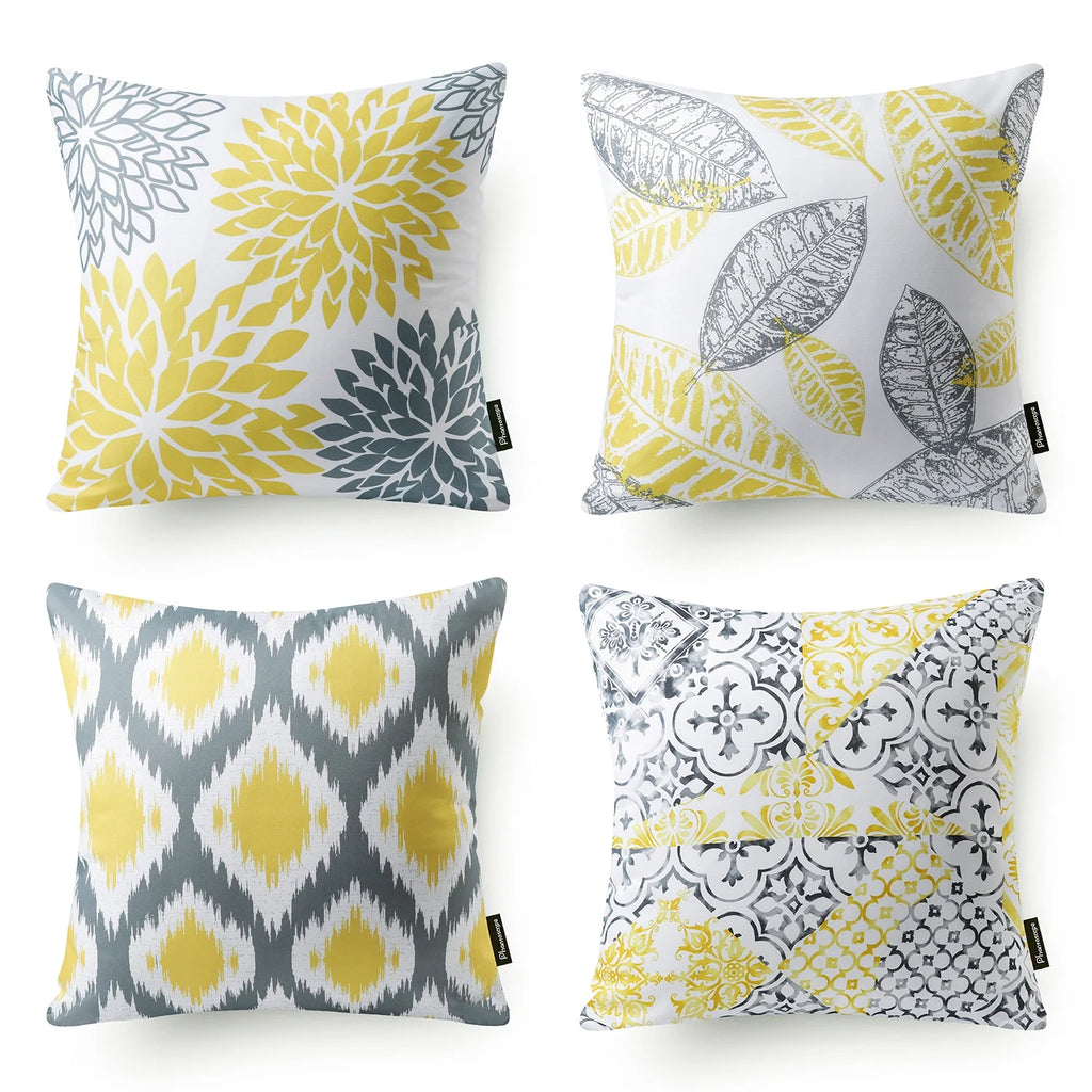 New Living Series Double-Sided Design Decorative Throw Pillow Cover, 18" X 18", Yellow/Gray, 4 Pack
