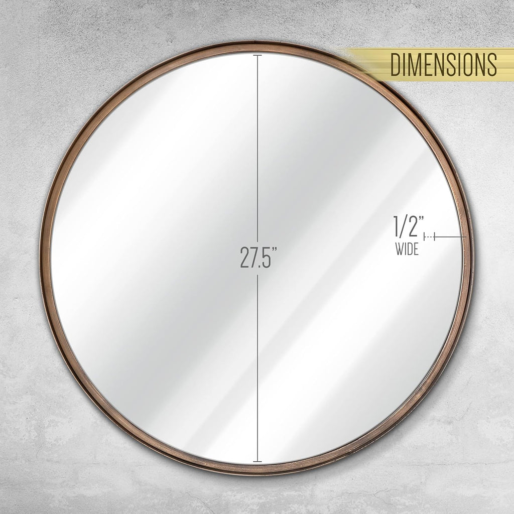 Large round Mirror, 27.5 Inch Brushed Bronze Wall Mirror with Handcrafted Oil Rubbed Frame, Metal Framed Decorative Hanging Mirror for Both Rustic and Boho Design and Decor