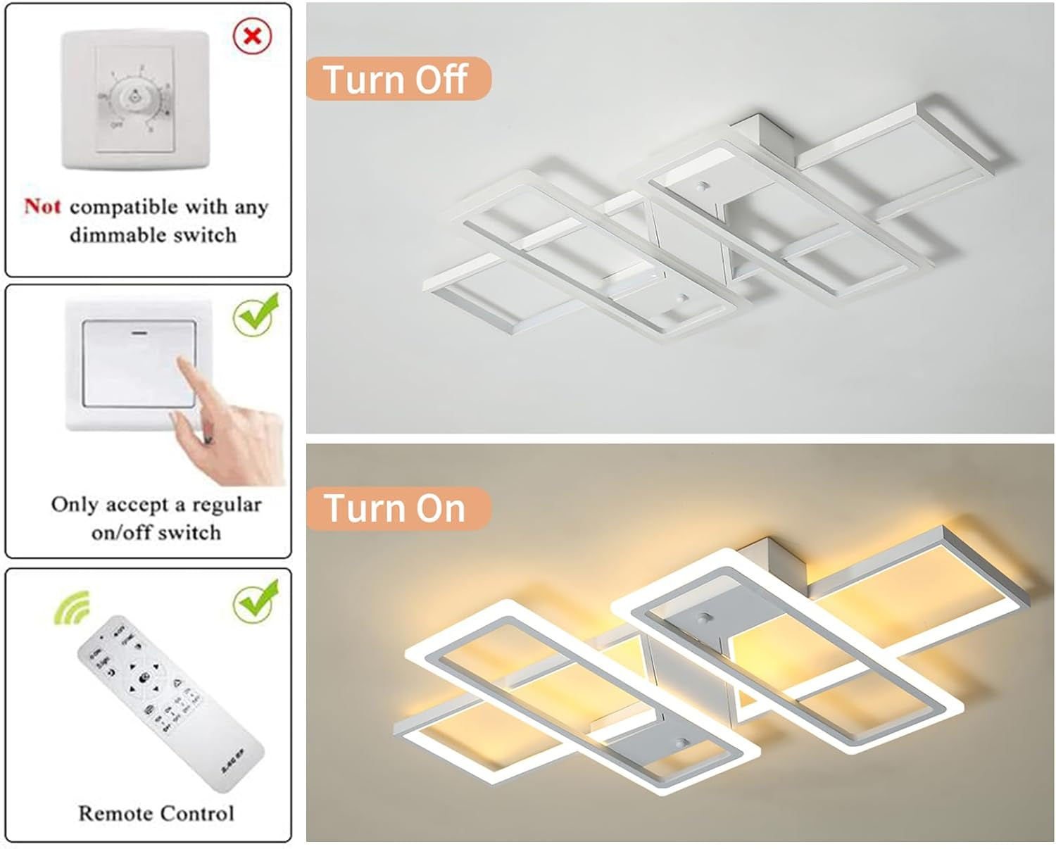 Dimmable Ceiling Light for Living Room,4 Squares Modern LED Ceiling Lamp with Remote Control,80W Acrylic Flush Mount Ceiling Light Fixture for Dining Room Bedroom Kitchen(White)