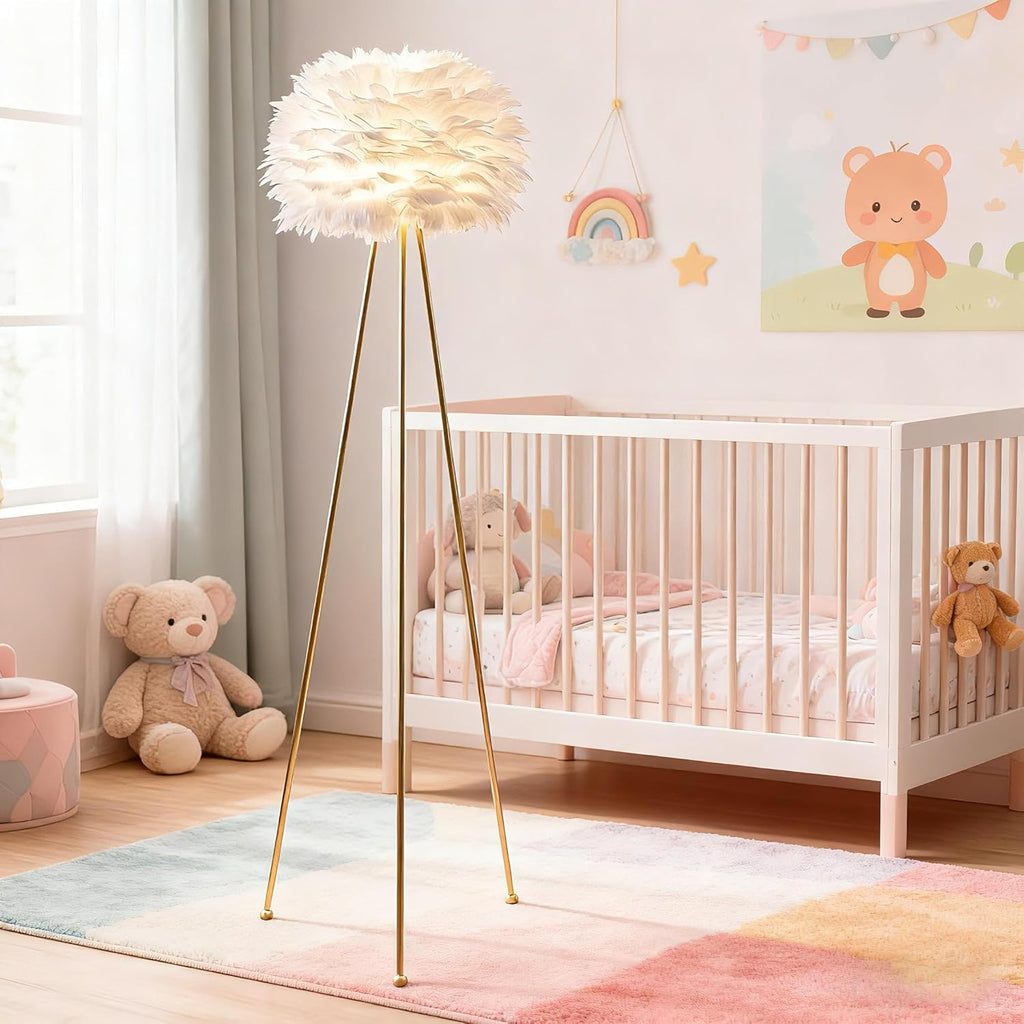 60" Feather Floor Lamp for Living Room, Tripod Floor Lamp with White Feather Shade, Modern Brass Gold Standing Light for Bedrooms Dining Room