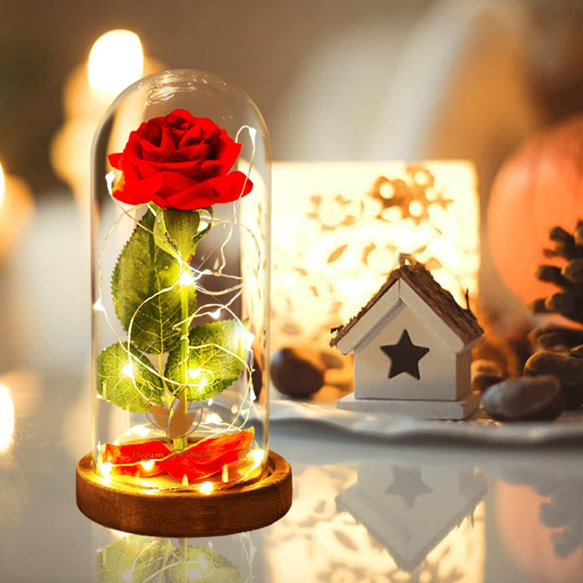 Valentines Day Gifts for Her,Beauty and the Beast Rose in Glass Dome,Lasts Forever Red Rose with LED Lights,Gifts for Women,Mom,Wife,Anniversary,Birthday, Wedding Home Decor