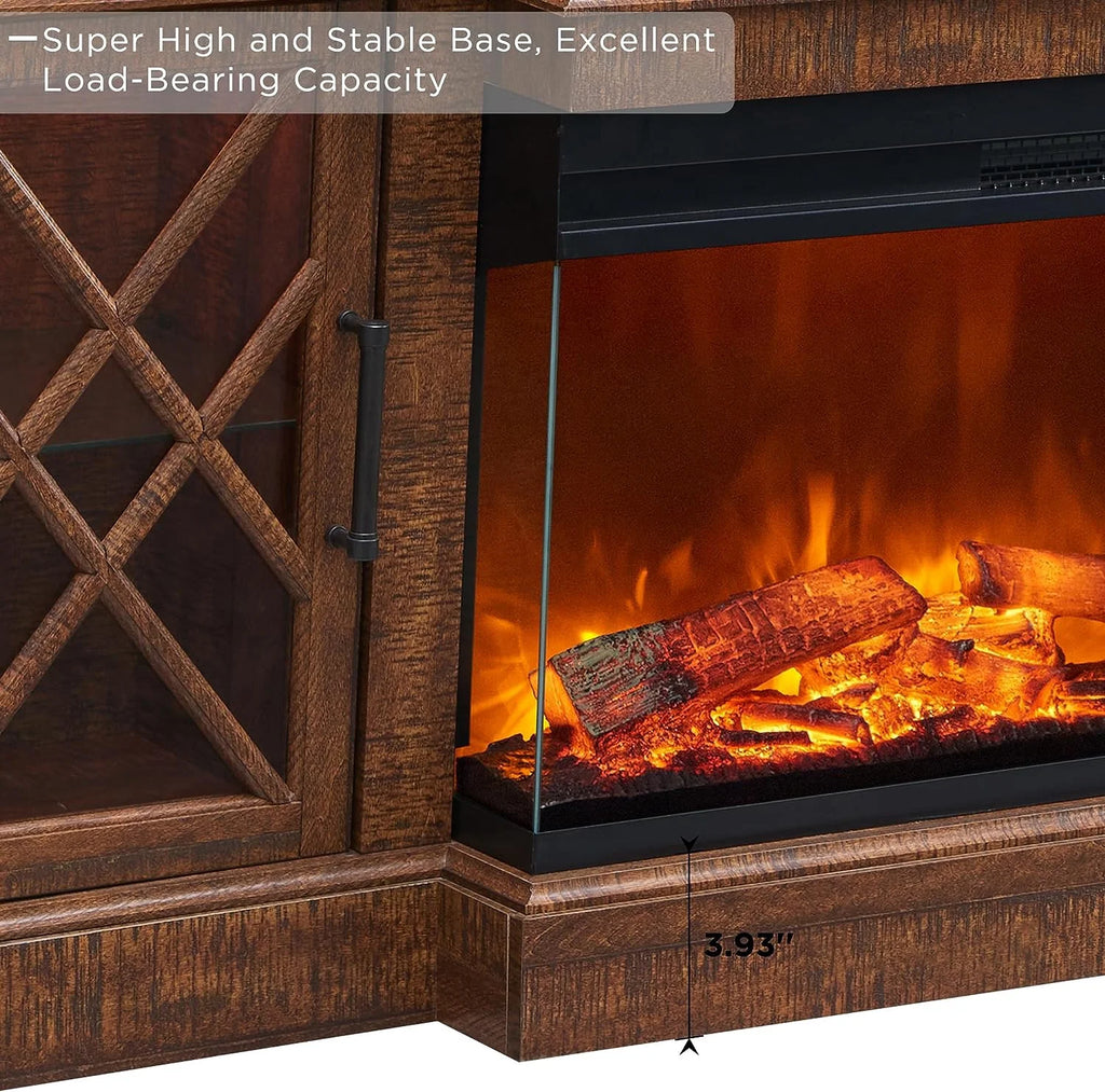Farmhouse 3-Sided 70" Fireplace TV Stand for 80" Tvs, Entertainment Center with Electric Fireplace and Storage Drawers, Reclaimed Barnwood