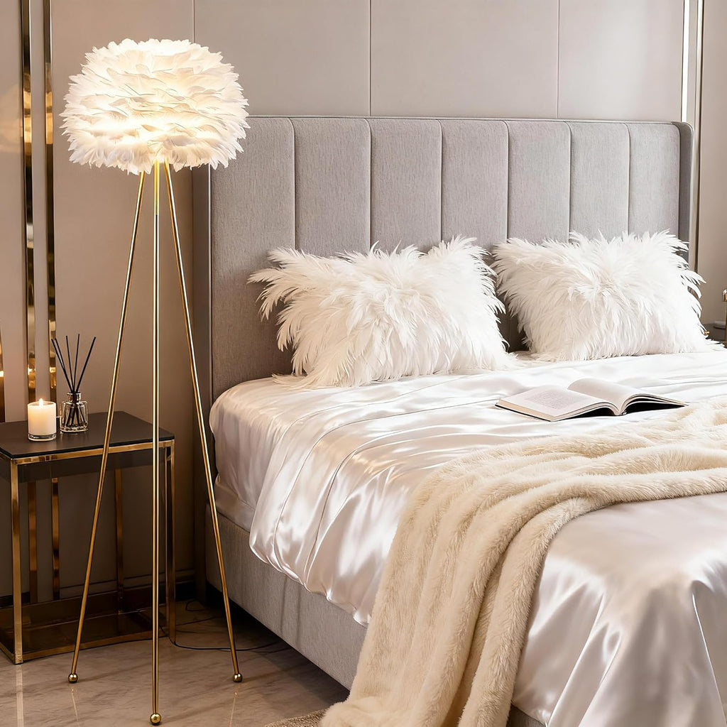 60" Feather Floor Lamp for Living Room, Tripod Floor Lamp with White Feather Shade, Modern Brass Gold Standing Light for Bedrooms Dining Room