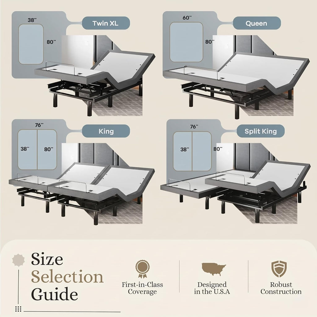 Classic Adjustable Bed Base, Head and Foot Lift, Massage, Under-Bed Lights, USB, Memory, Zero Gravity Smart Frame - King