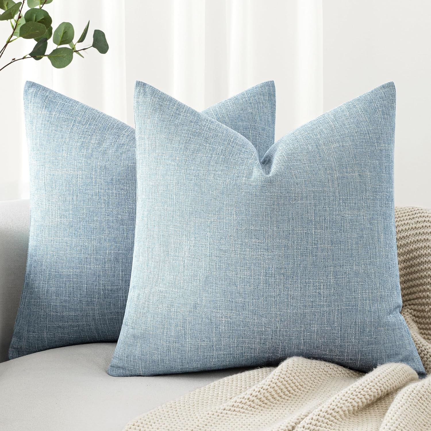 Pack of 2 Decorative Linen Burlap Textured Pillow Covers Farmhouse Boho Accent Pillowcases Spring Coastal Home Decor for Couch Sofa Bedroom Living Room 20X20 Inch Light Blue