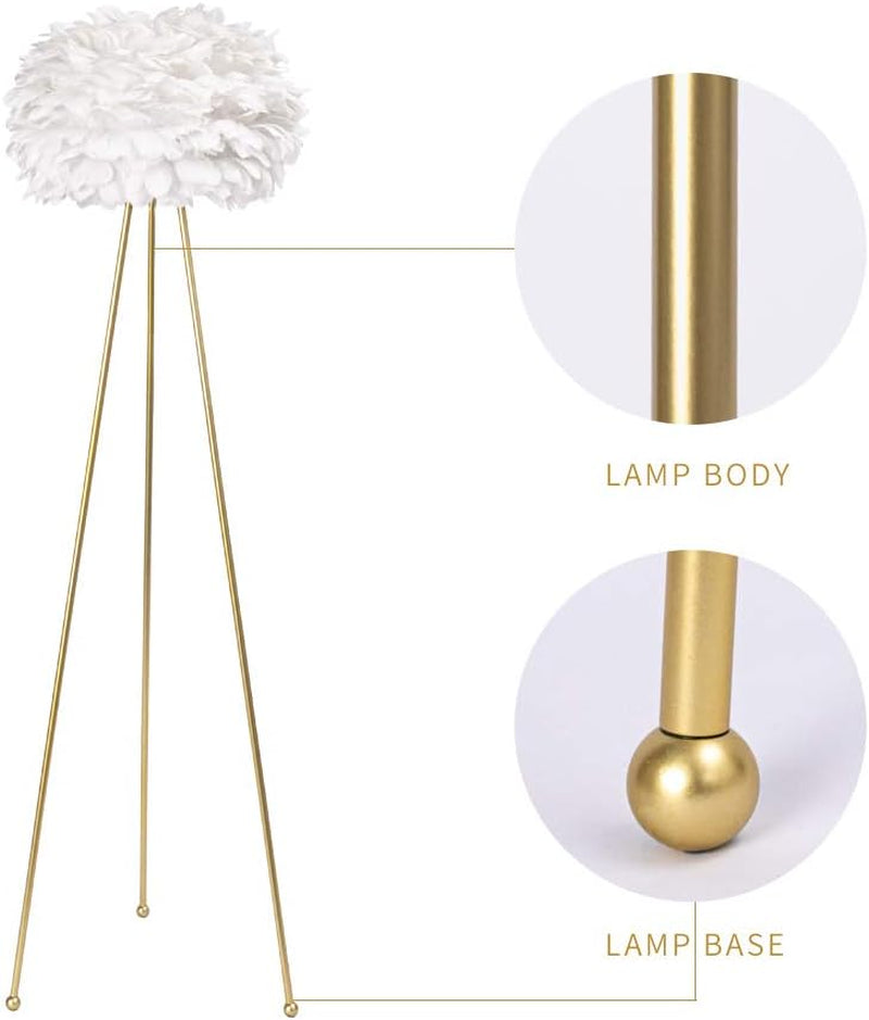 60" Feather Floor Lamp for Living Room, Tripod Floor Lamp with White Feather Shade, Modern Brass Gold Standing Light for Bedrooms Dining Room