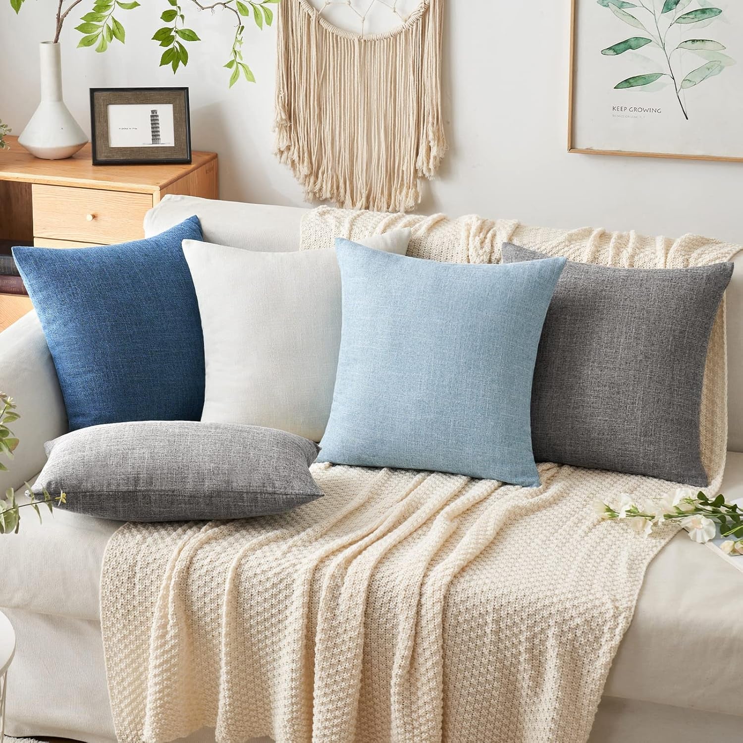 Pack of 2 Decorative Linen Burlap Textured Pillow Covers Farmhouse Boho Accent Pillowcases Spring Coastal Home Decor for Couch Sofa Bedroom Living Room 20X20 Inch Light Blue