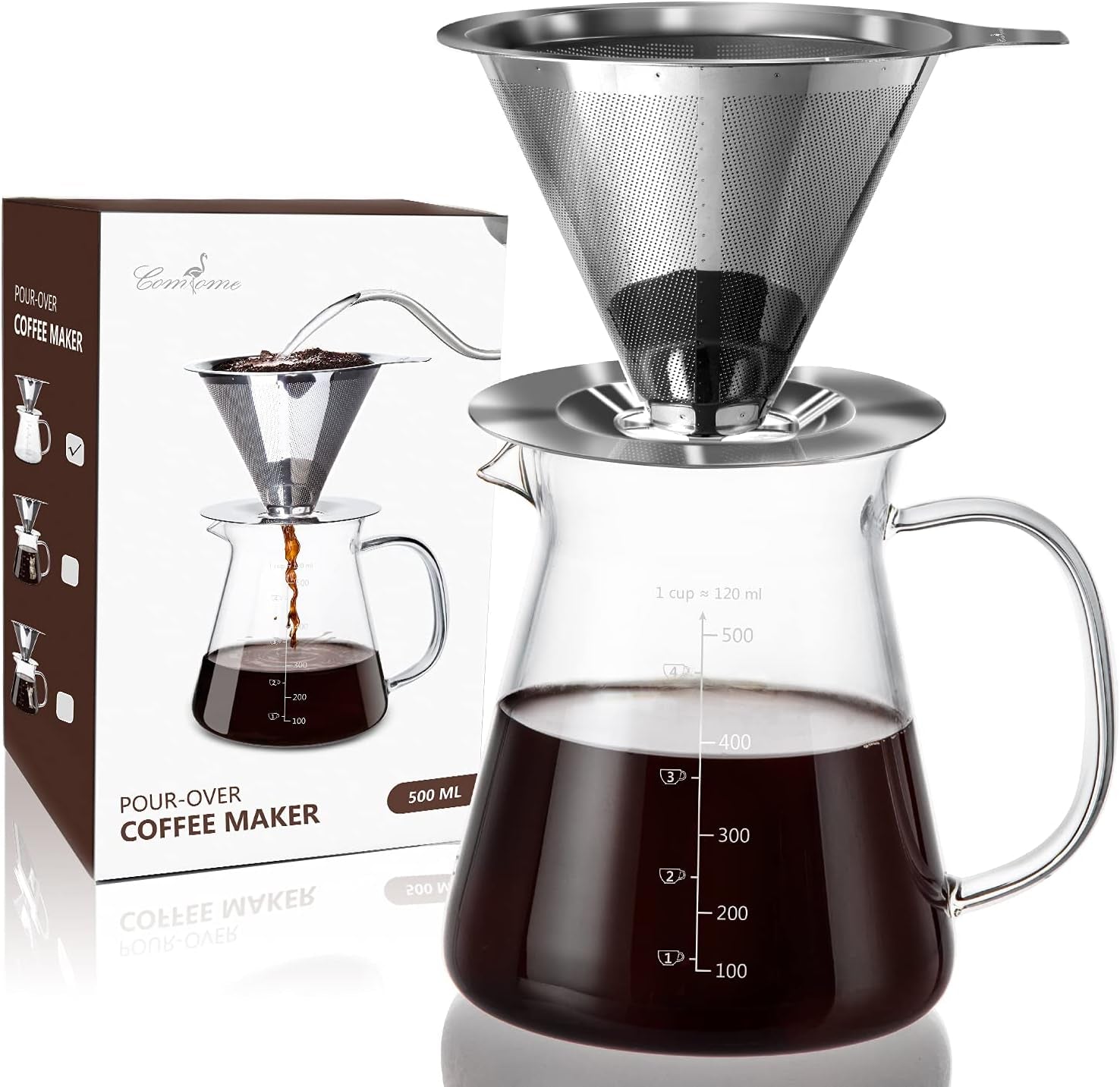 Pour over Coffee Maker 17 Oz, Drip Coffee Maker Pour over with High Heat-Resistant Carafe and Permanent Stainless Steel Filter, Portable Coffee Pour over Maker Perfect for Home or Office