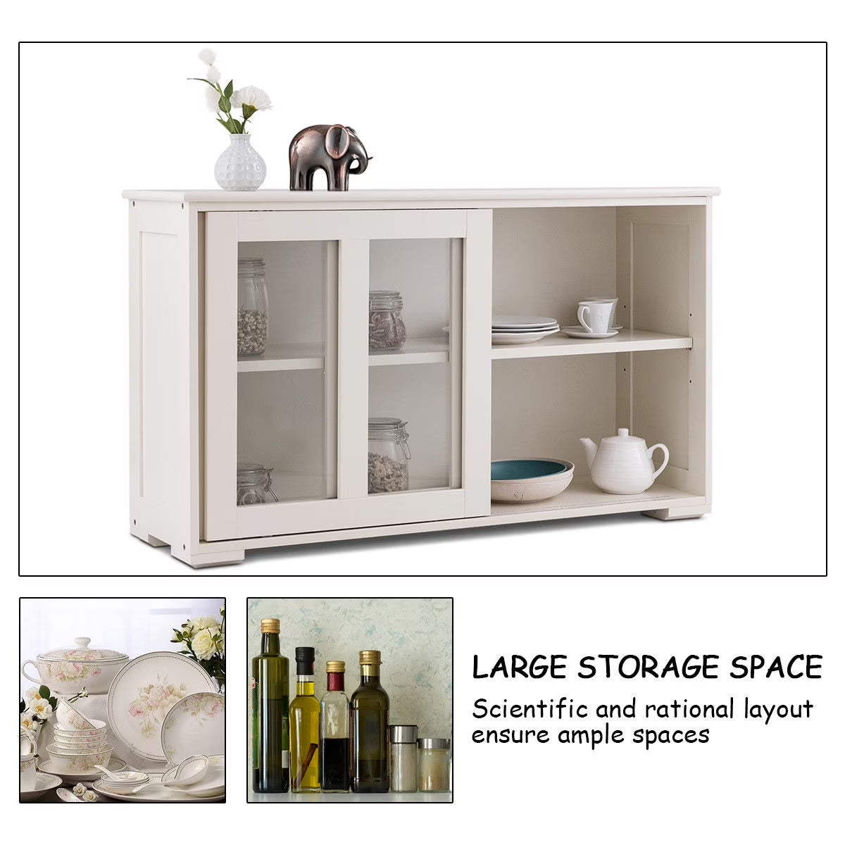 Storage Cabinet Sideboard Buffet Cupboard Glass Sliding Door Pantry Kitchen Off-White