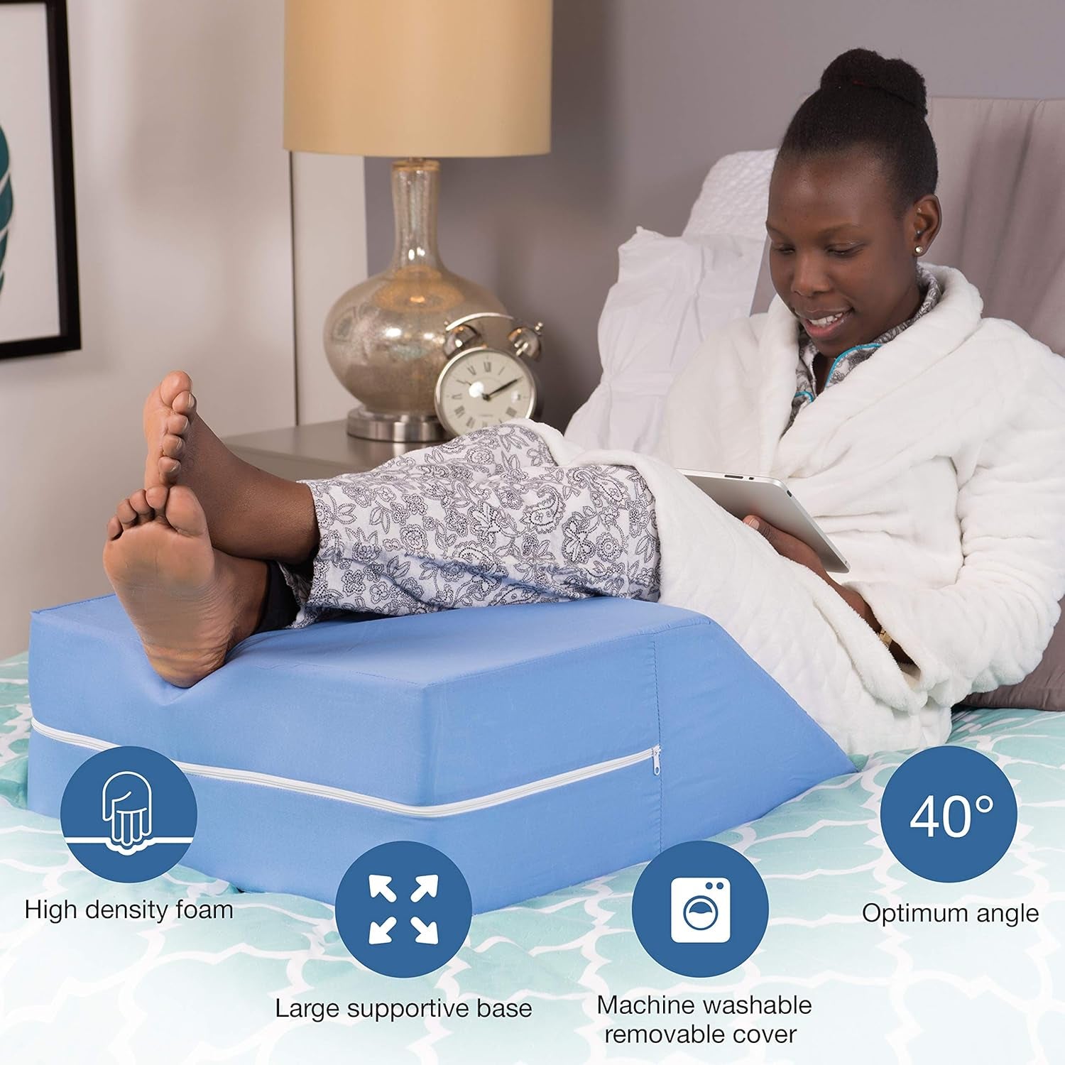 Firm Leg Wedge Pillow for Back Pain Relief (FSA Eligible), High-Density Foam, Bed Wedge Pillow for Legs Elevation, Knee Pain, Post Surgery Pillow, Circulation and Swelling, Pregnancy, Blue