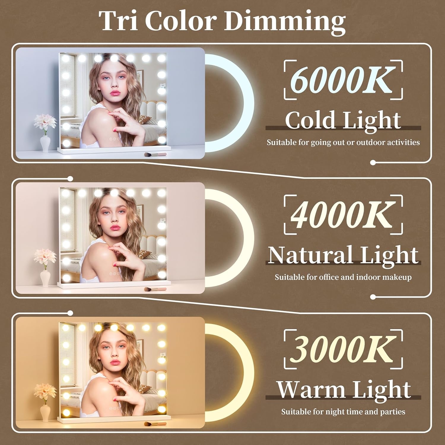 Professional Vanity Mirror with Integrated LED Lighting, 17 Dimmable Bulbs, 3 Color Temperature Options, Removable 10X Magnification Mirror, Touch Control, 23.6 x 19.7 Inches, White Finish