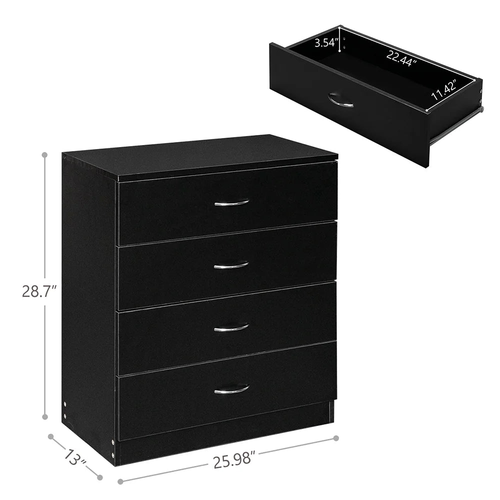 Black Chest of Drawers Dresser Wood Organizer Cabinet, 4 Drawer Nightstand Side Table, Furniture for Bedroom