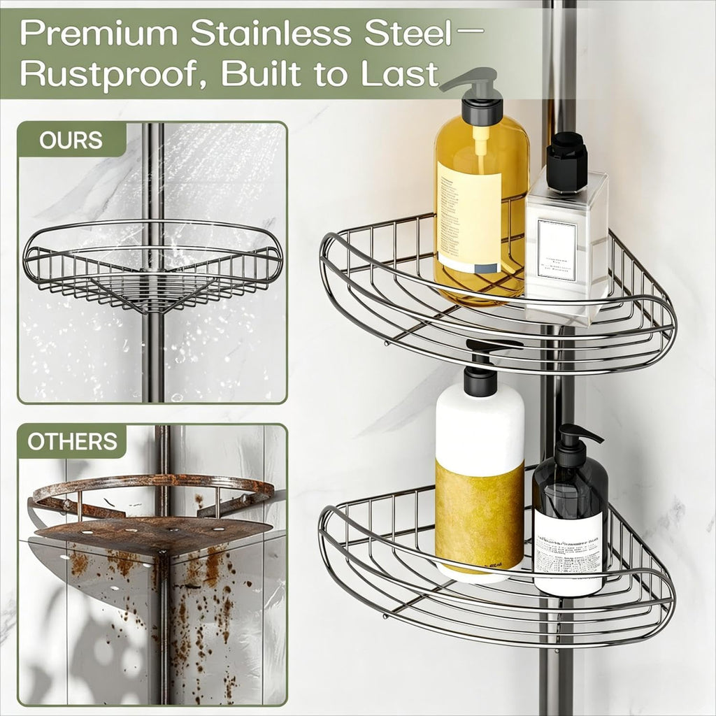 Corner Shower Caddy Tension Pole, 4-Tier Adjustable Shelves, Rustproof Bathroom Shower Organizer Corner for inside Bath Storage, Tension Mounted, 56 to 113 Inch Height, Nickel