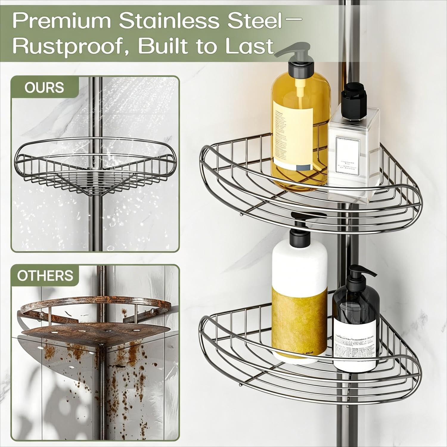 Corner Shower Caddy Tension Pole, 4-Tier Adjustable Shelves, Rustproof Bathroom Shower Organizer Corner for inside Bath Storage, Tension Mounted, 56 to 113 Inch Height, Nickel