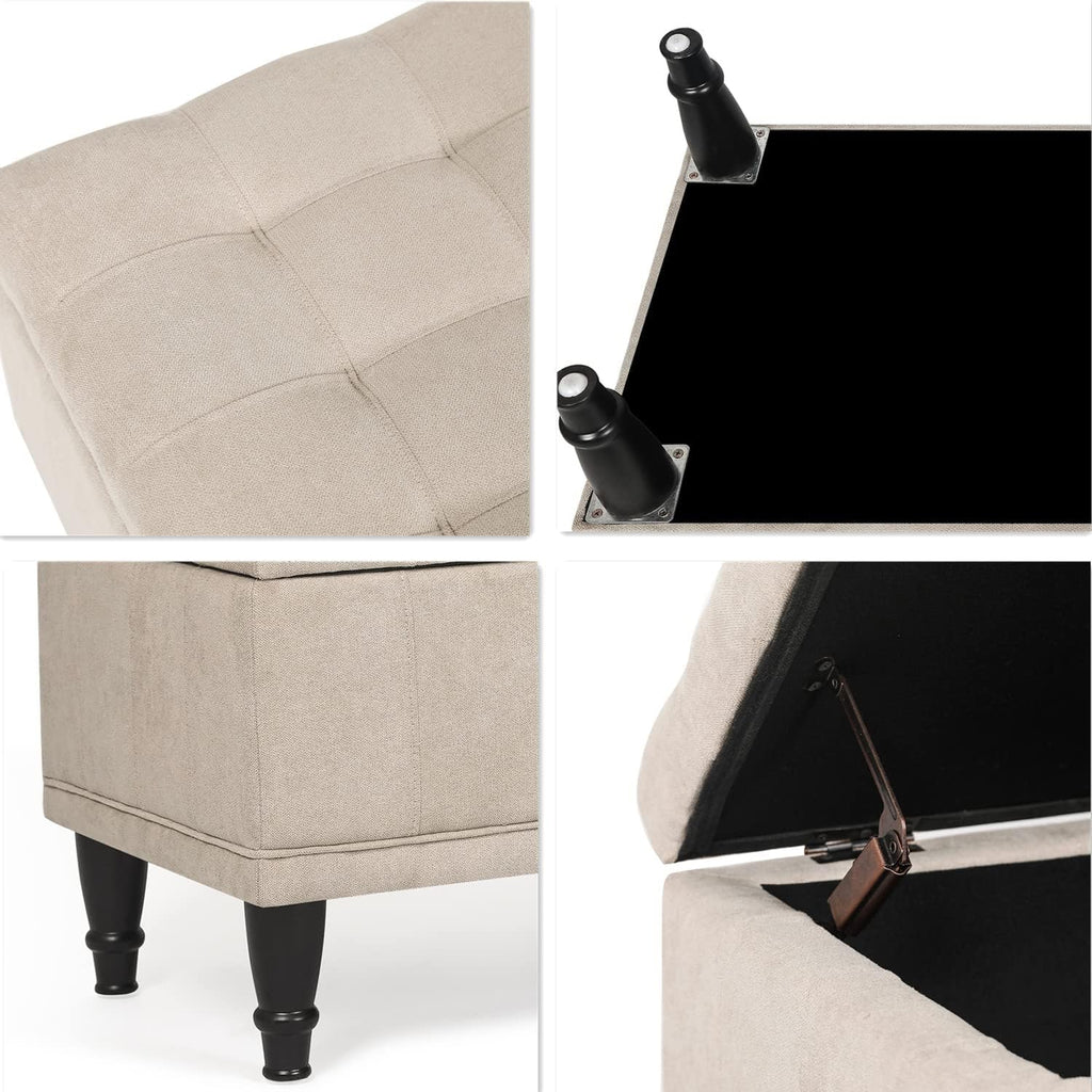 Storage Ottoman Linen Fabric Upholstered Tufted Bench with Wood Legs, Rectangular Coffee Table Footstool for Bedroom Living Room Entryway (Beige)