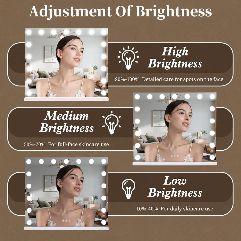 Professional Vanity Mirror with Integrated LED Lighting, 17 Dimmable Bulbs, 3 Color Temperature Options, Removable 10X Magnification Mirror, Touch Control, 23.6 x 19.7 Inches, White Finish