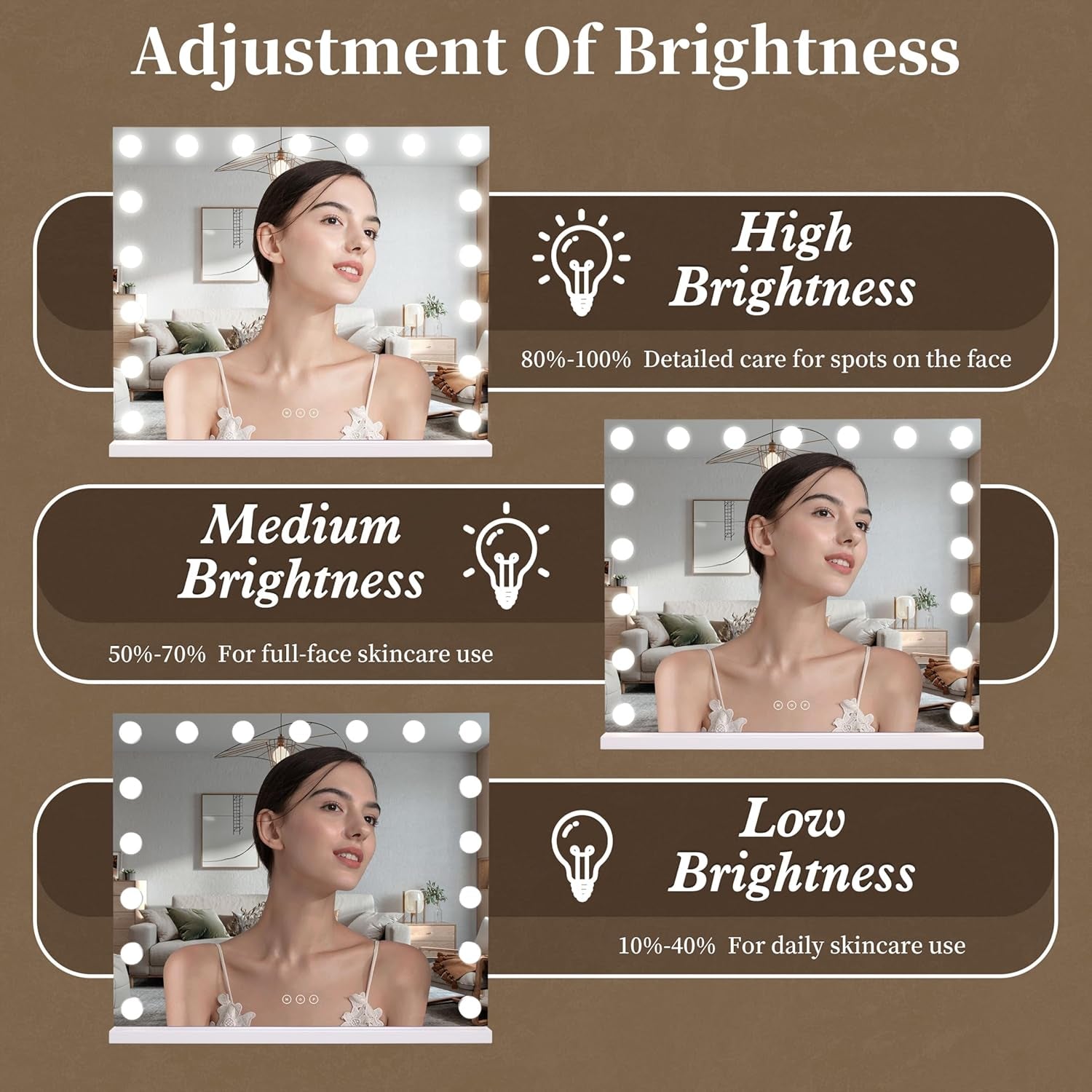 Professional Vanity Mirror with Integrated LED Lighting, 17 Dimmable Bulbs, 3 Color Temperature Options, Removable 10X Magnification Mirror, Touch Control, 23.6 x 19.7 Inches, White Finish
