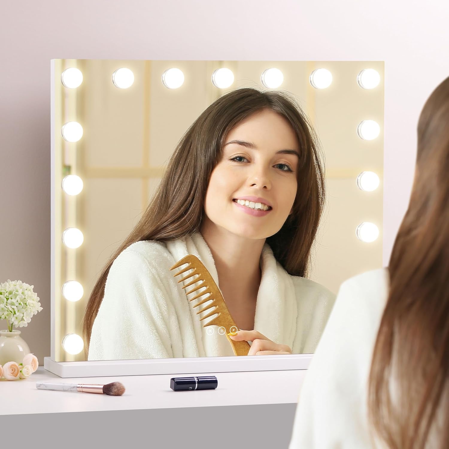 Professional Vanity Mirror with Integrated LED Lighting, 17 Dimmable Bulbs, 3 Color Temperature Options, Removable 10X Magnification Mirror, Touch Control, 23.6 x 19.7 Inches, White Finish