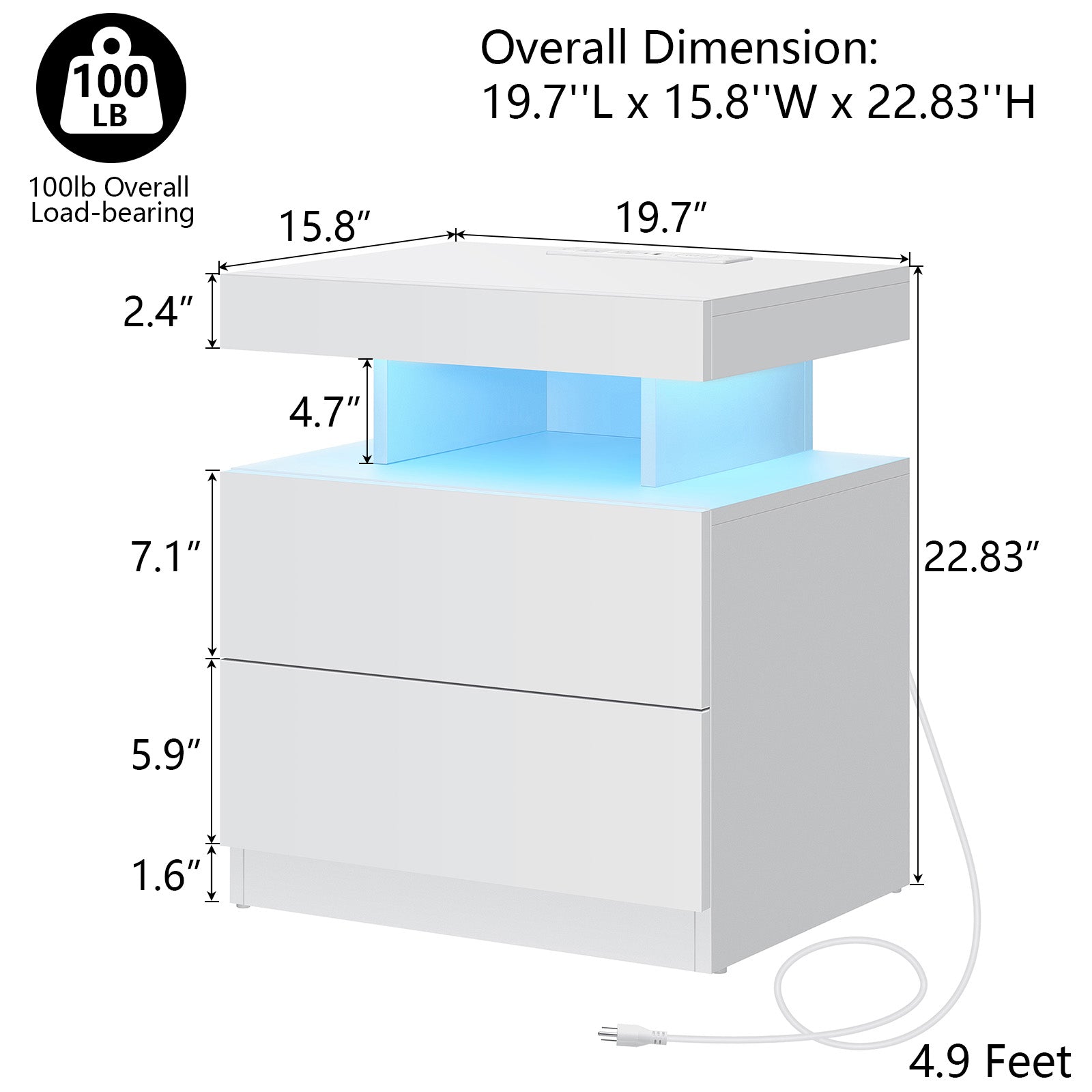 LED Nightstand with Wireless Charging Station Modern Nightstand Type C USB Port 2 Drawers Bedside Table White Smart Night Table High Gloss End Side Table for Bedroom Furniture 22.3" Tall