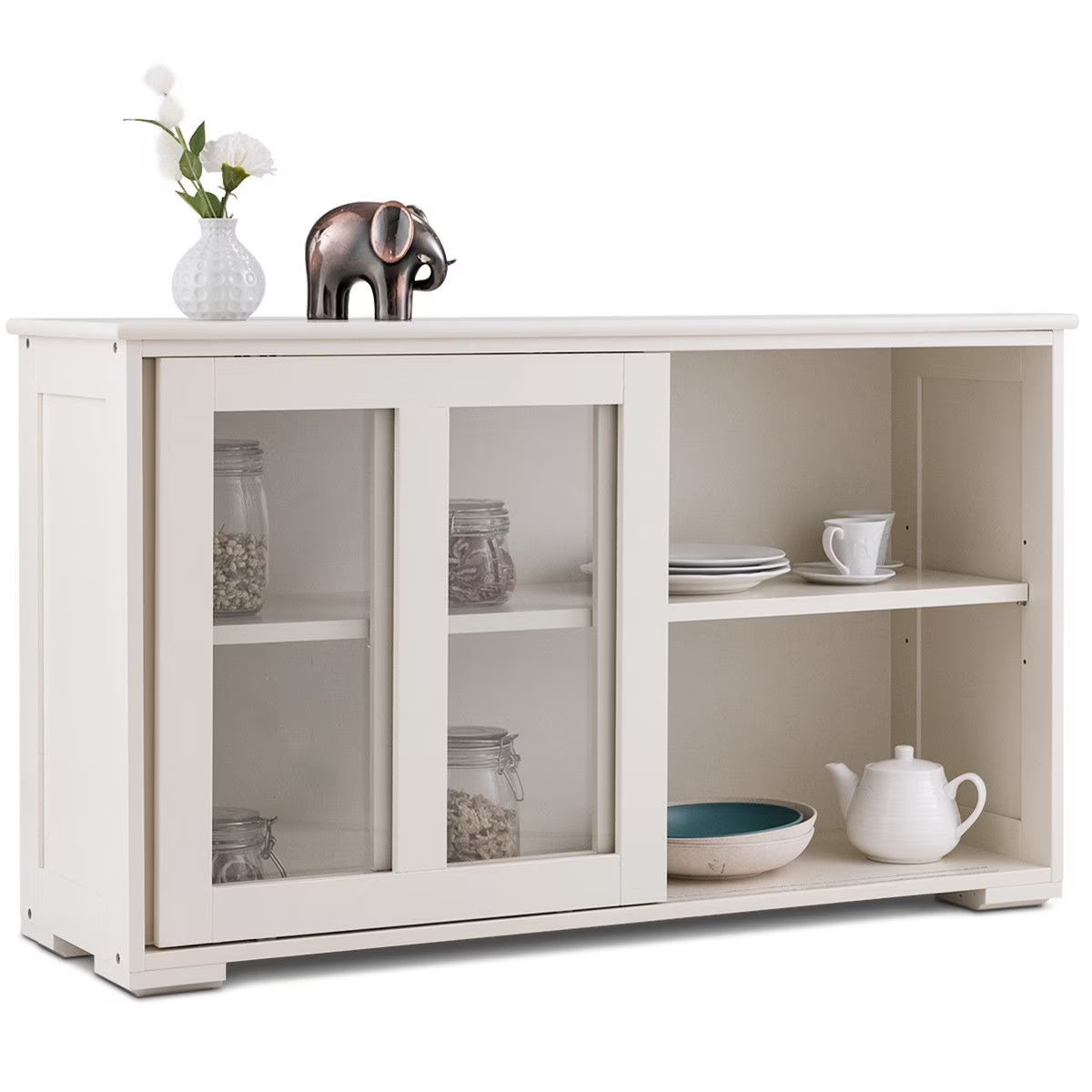 Storage Cabinet Sideboard Buffet Cupboard Glass Sliding Door Pantry Kitchen Off-White