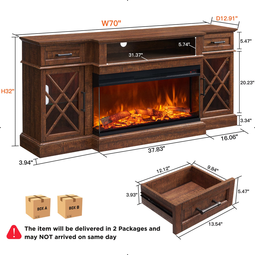 Farmhouse 3-Sided 70" Fireplace TV Stand for 80" Tvs, Entertainment Center with Electric Fireplace and Storage Drawers, Reclaimed Barnwood