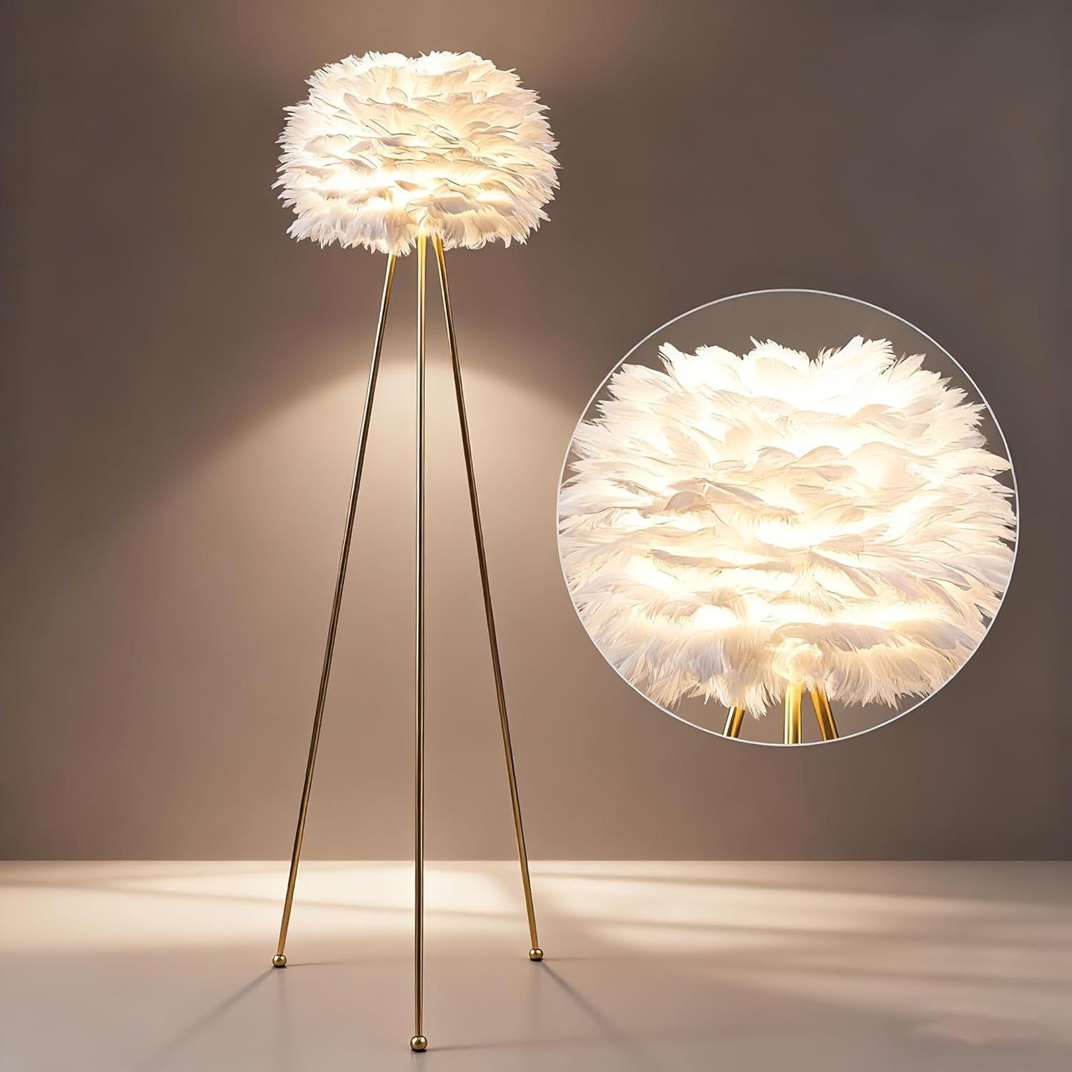 60" Feather Floor Lamp for Living Room, Tripod Floor Lamp with White Feather Shade, Modern Brass Gold Standing Light for Bedrooms Dining Room