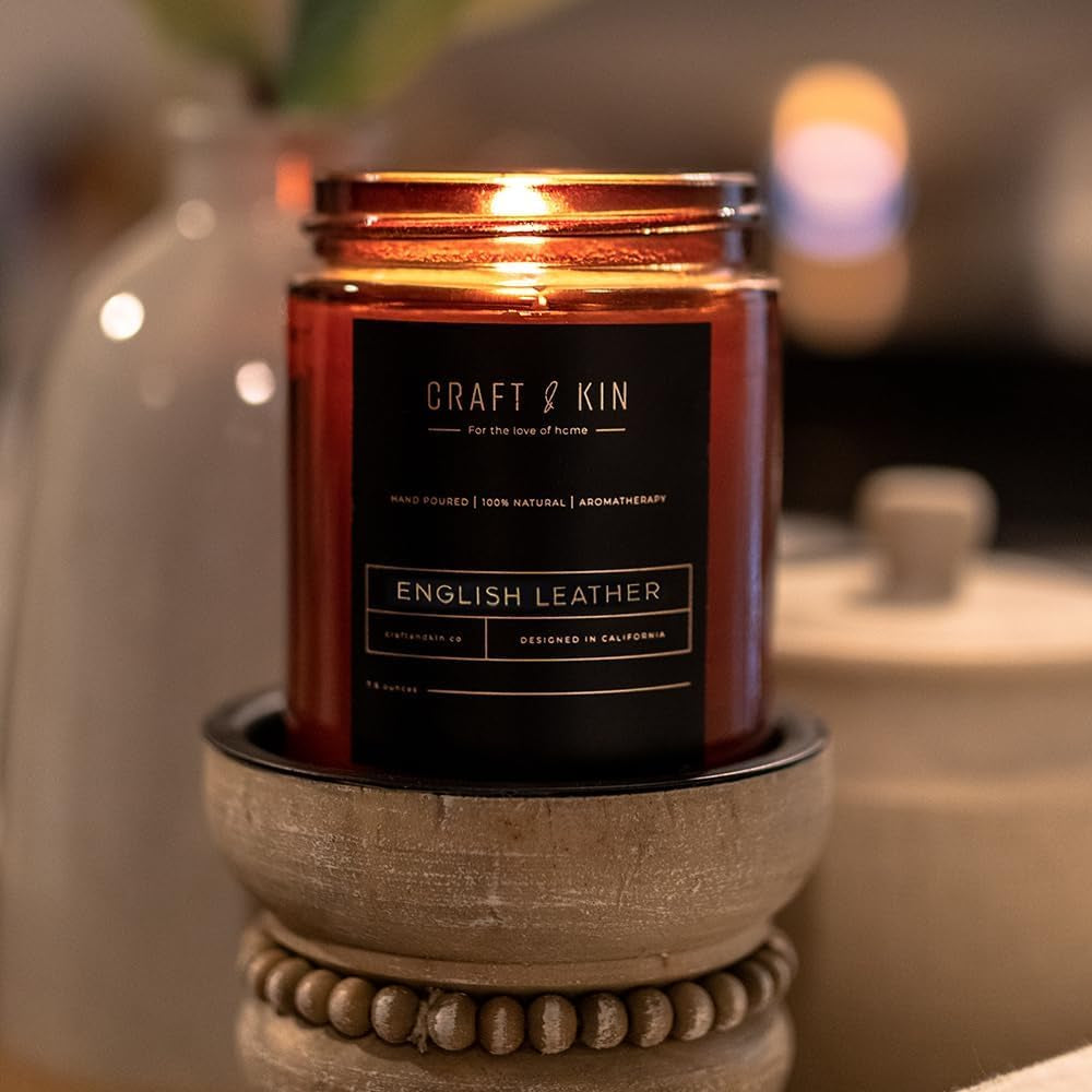 Scented Candle for Men | Premium English Leather Candle | All-Natural Scent for Home | Long Lasting Winter Candles, 45-Hour Burn Time, 8Oz