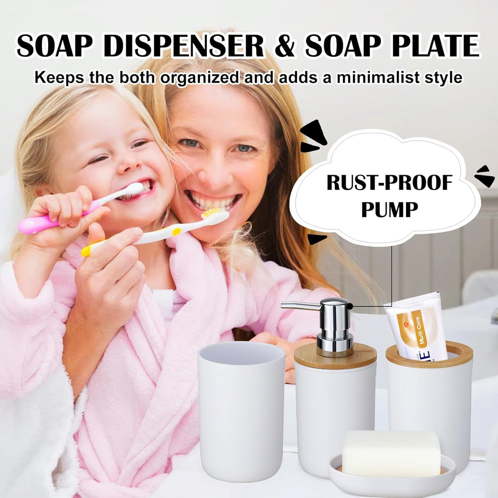 Elegant 8-Piece Bathroom Accessories Set with Trash Can, Toilet Brush, Toothbrush Holder, Lotion Soap Dispenser, Soap Dish, Toothbrush Cup, and Q-tip Holder in White Wood Finish