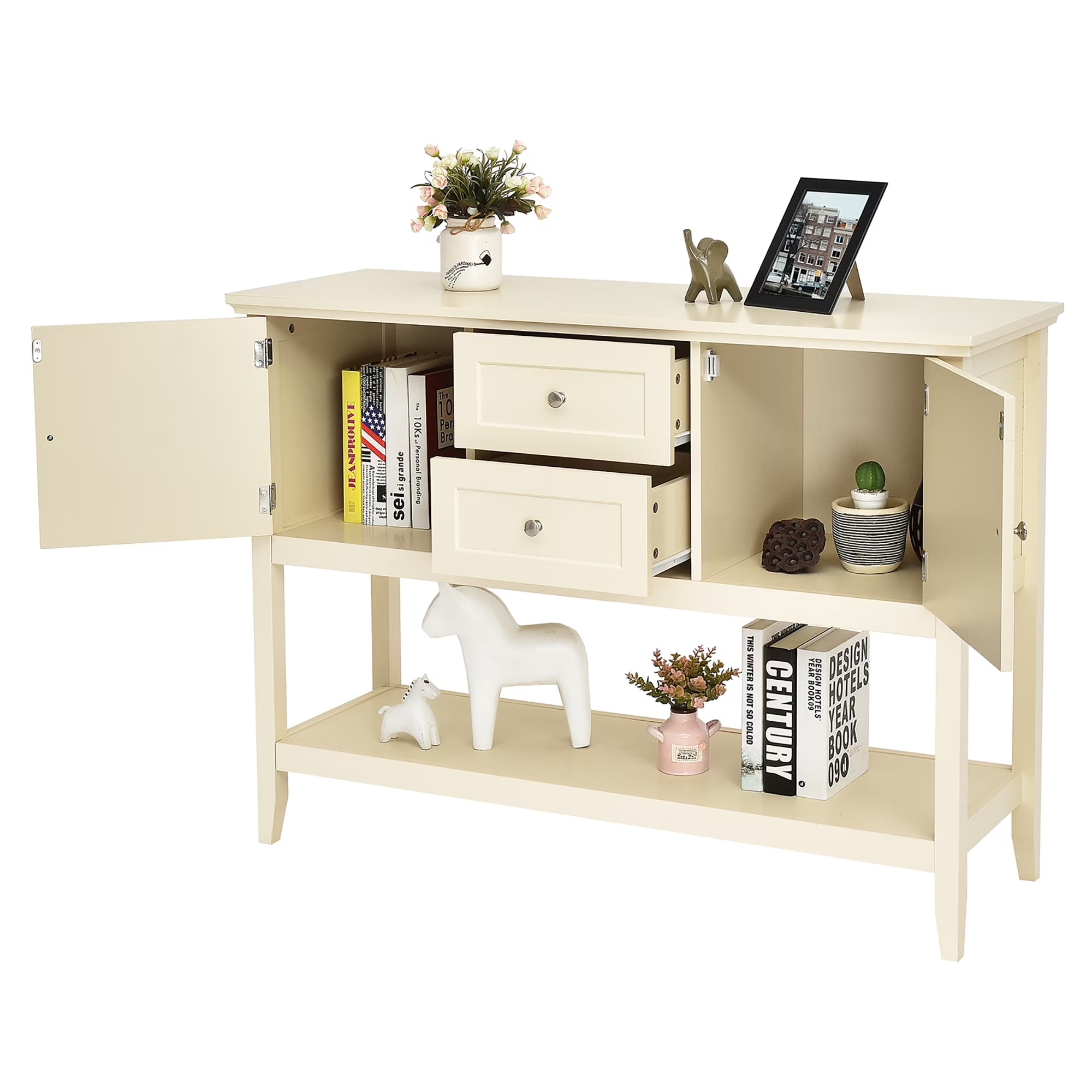 Sideboard Buffet Table Wooden Console Table W/ Drawers & Cabinets Beige