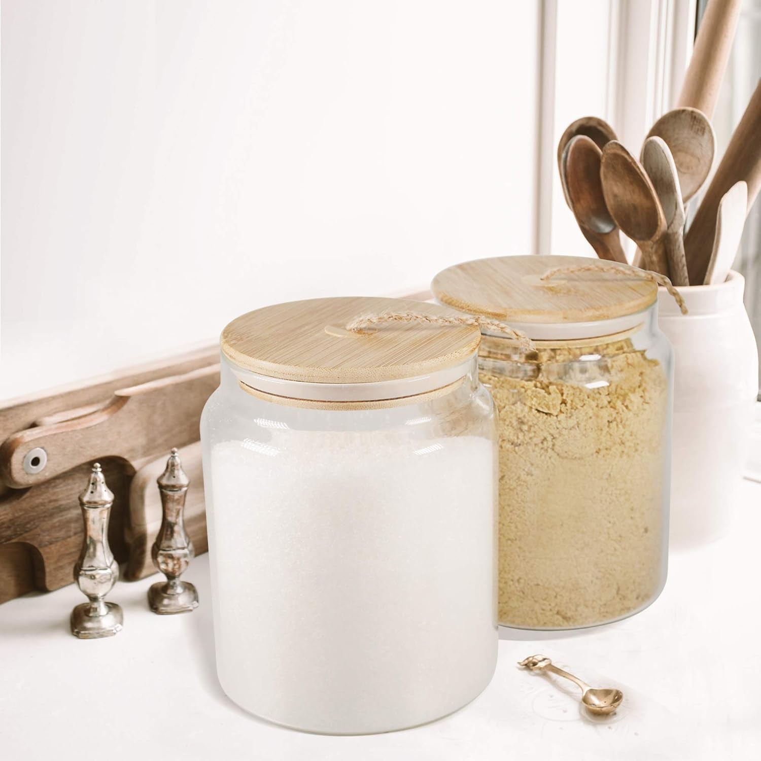 Glass Jar with Bamboo Lid, Food Storage Container with Airtight Lid, 2 Pack of 65Oz, Large Glass Food Canister, Pantry Jar, Glass Canisters Set
