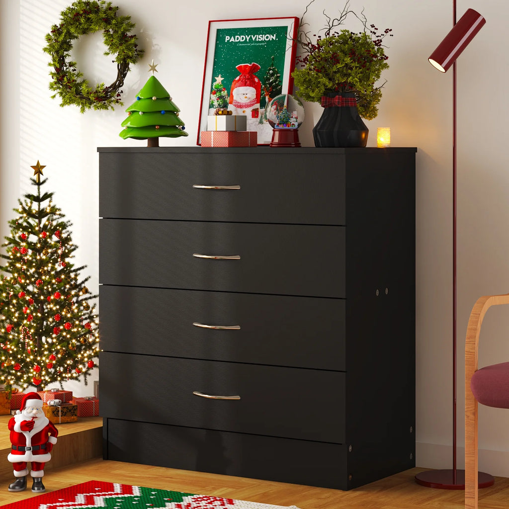 Black Chest of Drawers Dresser Wood Organizer Cabinet, 4 Drawer Nightstand Side Table, Furniture for Bedroom