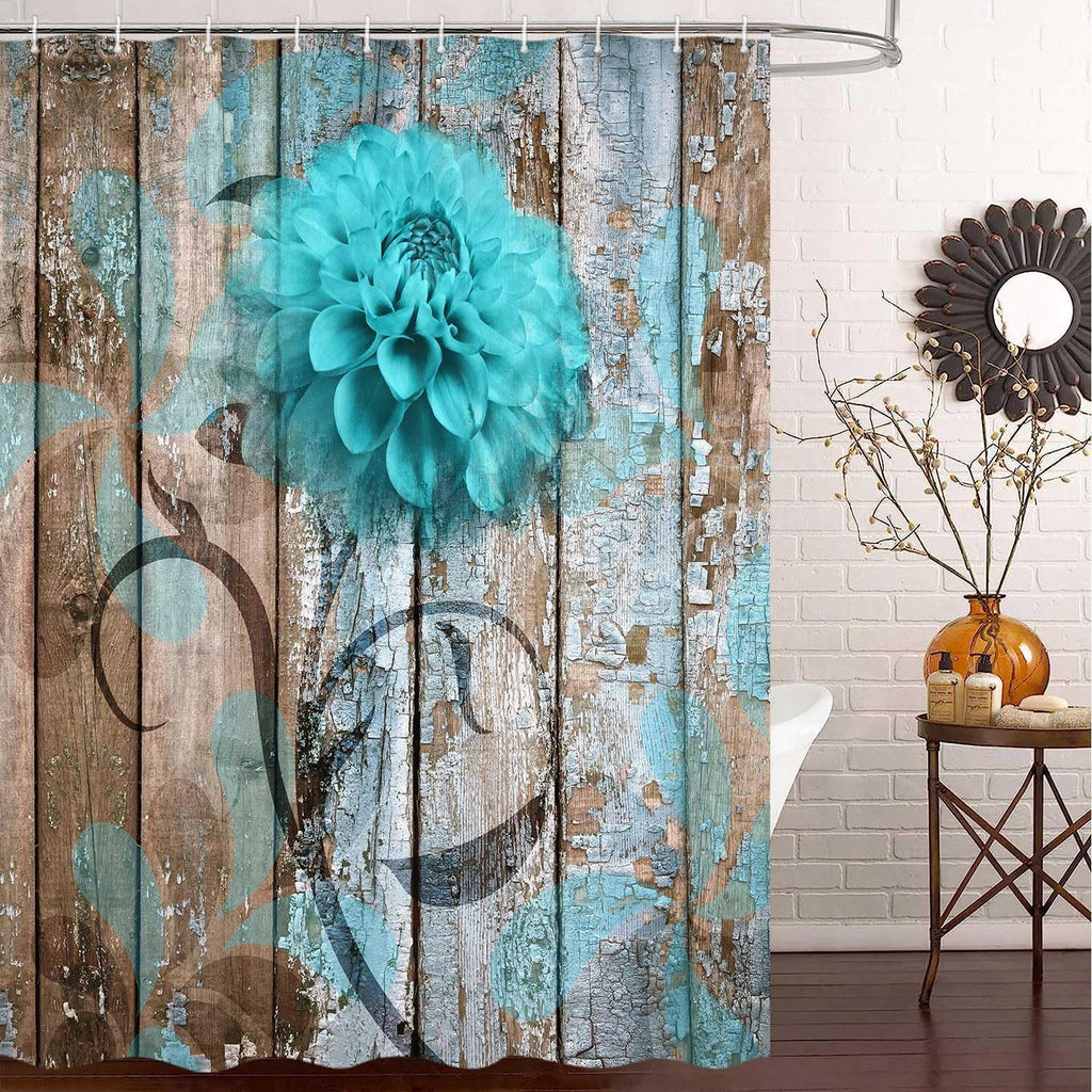 Farmhouse Floral Shower Curtain Set in Rustic Teal and Turquoise Dahlia Design, Country Blue Wild Garden Fabric with Hooks, Surreal Bathroom Decor, 69x70 Inches