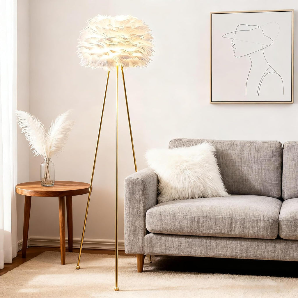 60" Feather Floor Lamp for Living Room, Tripod Floor Lamp with White Feather Shade, Modern Brass Gold Standing Light for Bedrooms Dining Room