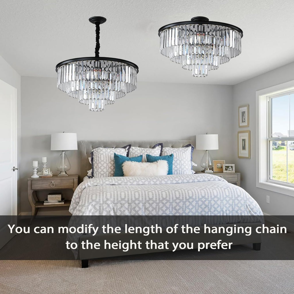 Black Modern Crystal Chandelier Lighting K9 Crystal round Chandelier Hanging Ceiling Light Fixture 4-Tier Contemporary Crystal Pendant Light for Dining Room Living Room Bedroom 23.6Inch