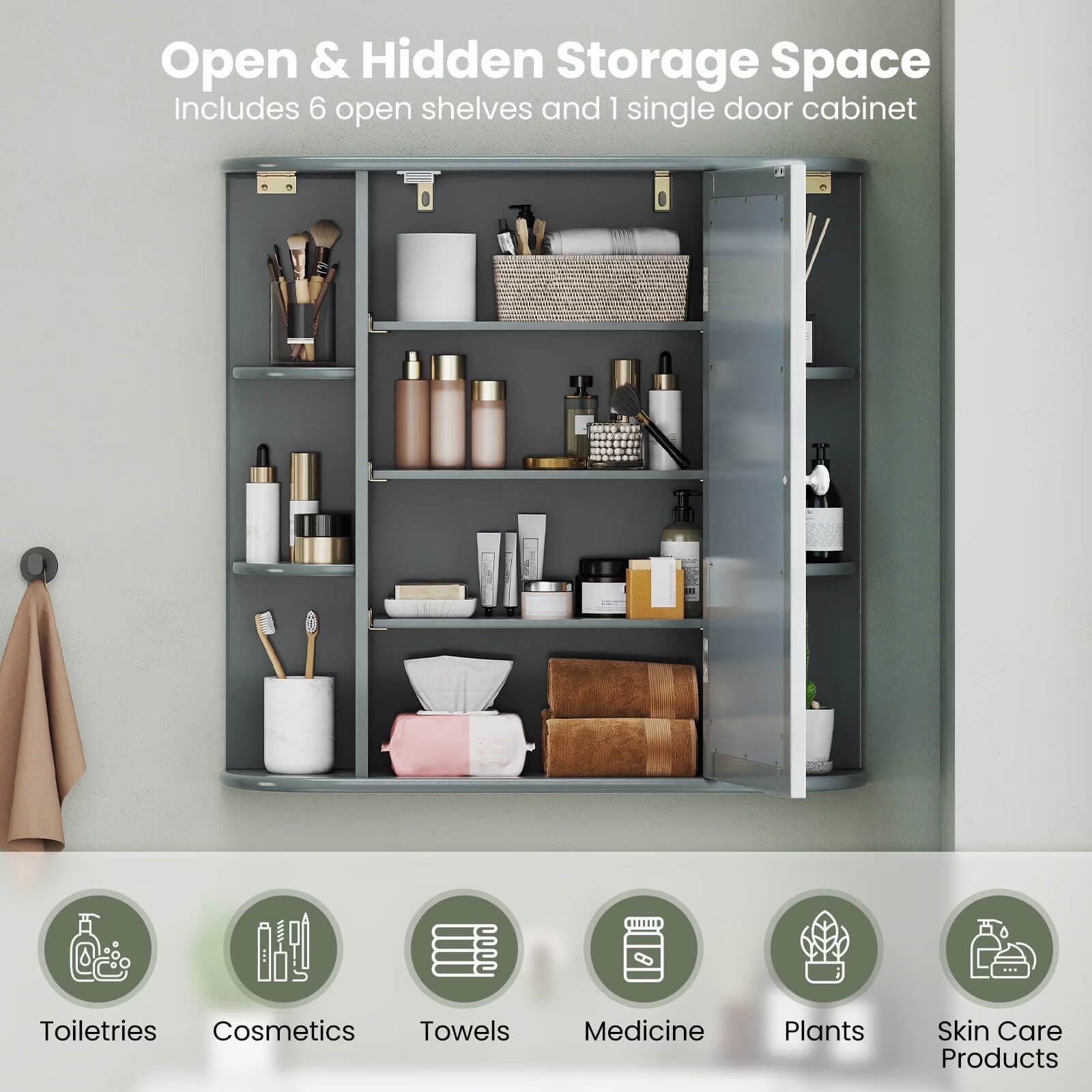 Costway Versatile Wall-Mounted Bathroom Storage Cabinet with Mirror in Gray