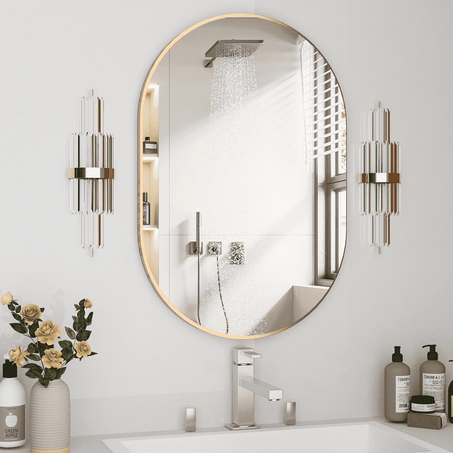 Oval Bathroom Mirror Capsule Wall Vanity Mirror, 24"X36" Gold Pill Mirrors Has Metal Frame for Bathroom