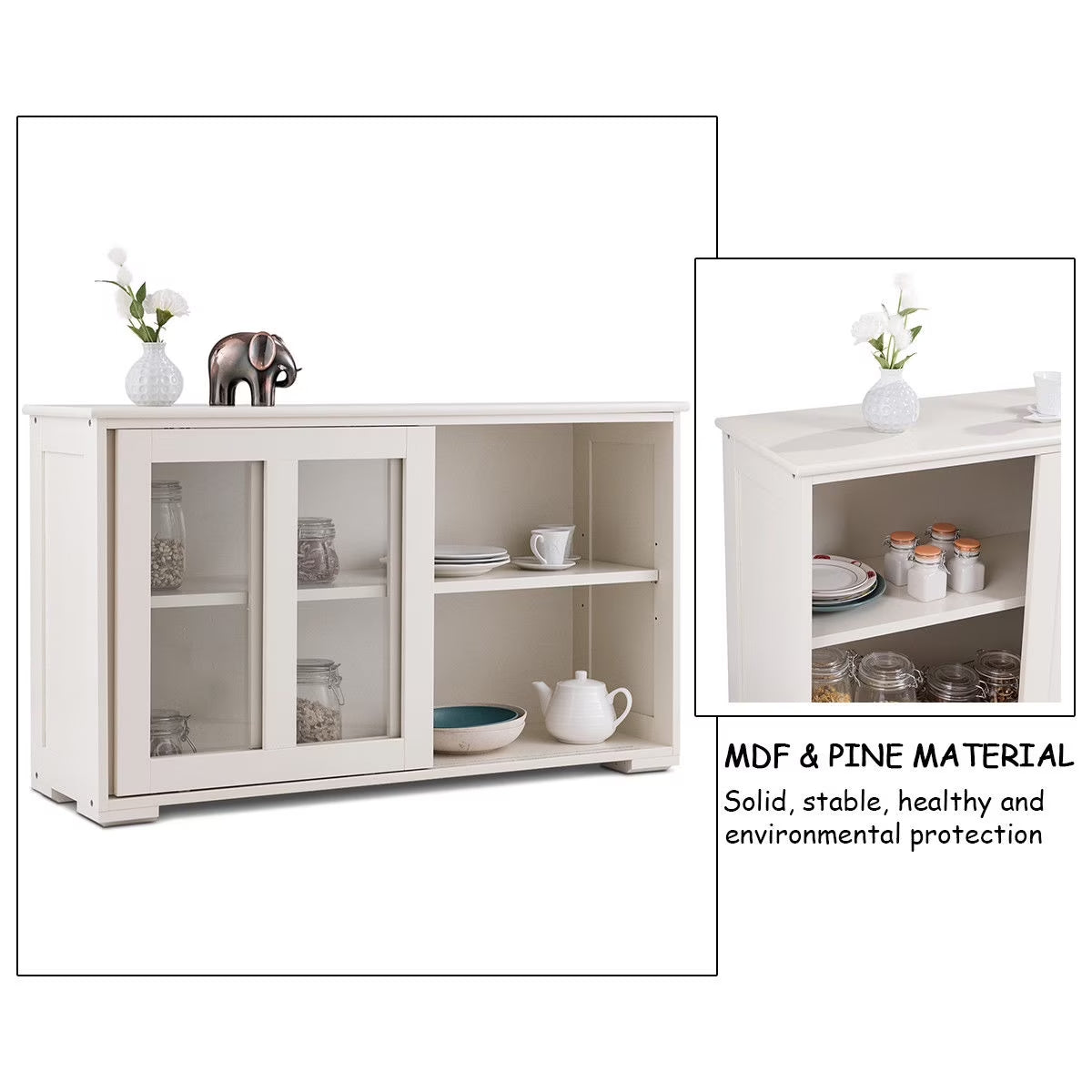 Storage Cabinet Sideboard Buffet Cupboard Glass Sliding Door Pantry Kitchen Off-White