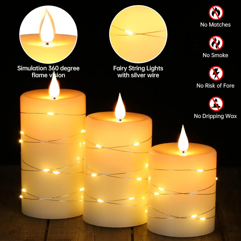 3 Pack Ivory Real Wax Flameless Taper Candles, Lifelike Flickering LED Flame Candles with Surrounding Copper String Lights, Soft Warm Battery Candles with Remote for Home Wedding Holiday Decor
