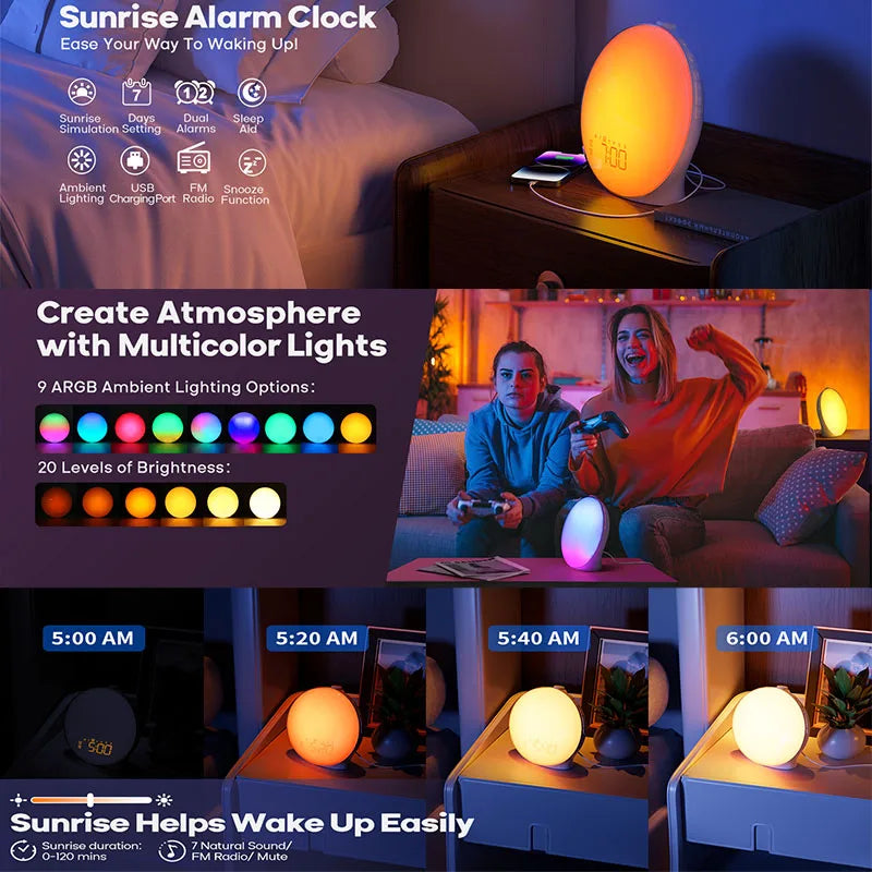 Wake up Light Alarm Clock Sunrise/Sunset Simulation Digital Clock with Night Light FM Radio Desk Clocks