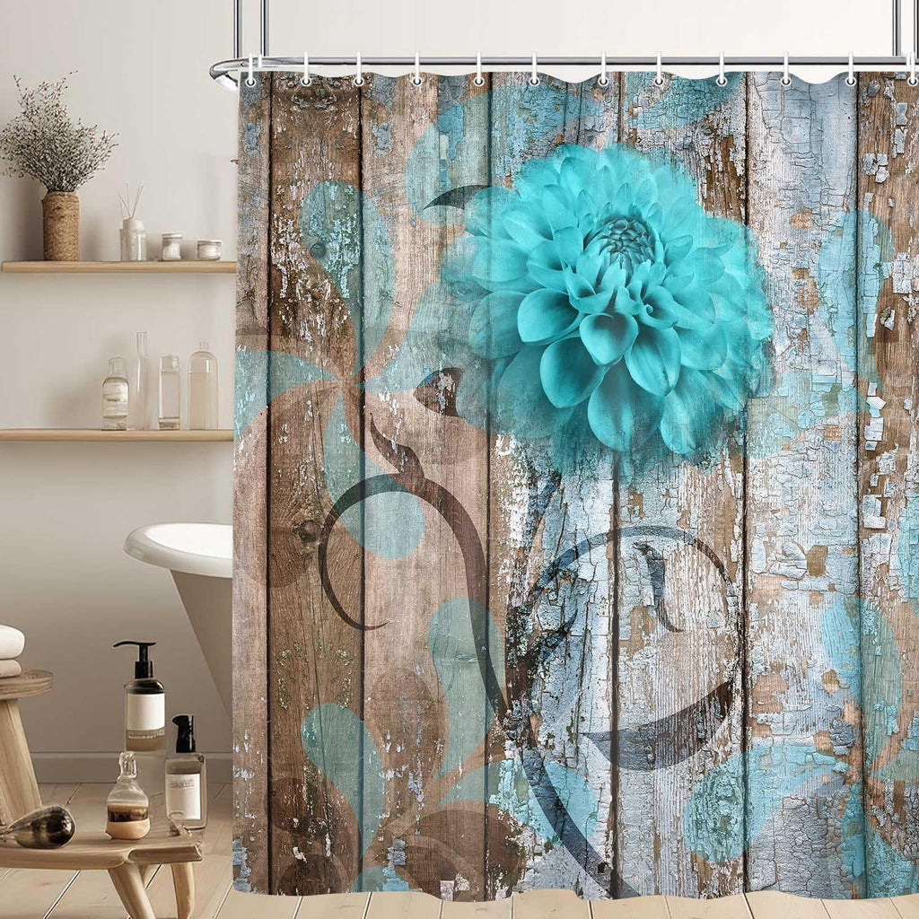 Farmhouse Floral Shower Curtain Set in Rustic Teal and Turquoise Dahlia Design, Country Blue Wild Garden Fabric with Hooks, Surreal Bathroom Decor, 69x70 Inches