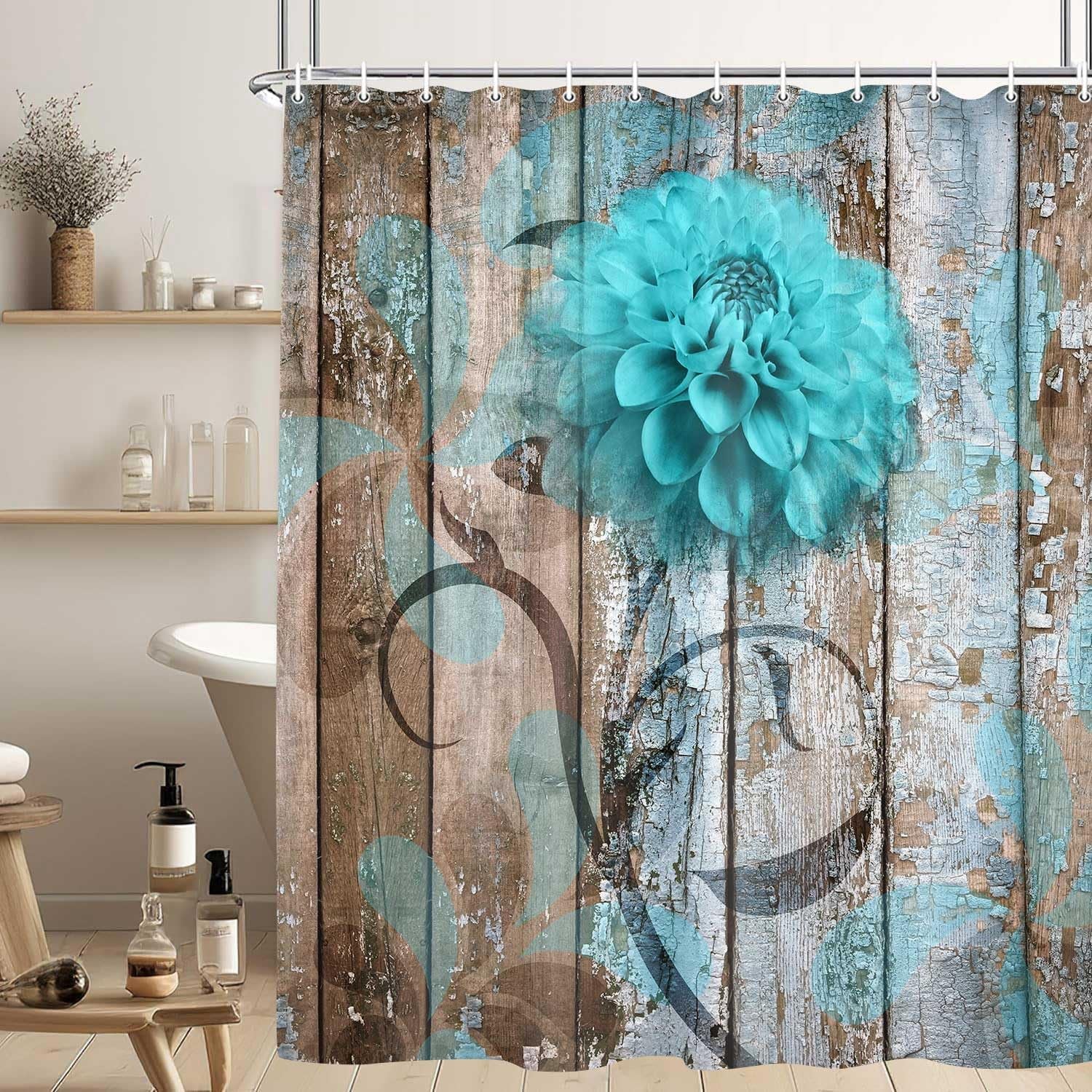 Farmhouse Floral Shower Curtain Set in Rustic Teal and Turquoise Dahlia Design, Country Blue Wild Garden Fabric with Hooks, Surreal Bathroom Decor, 69x70 Inches