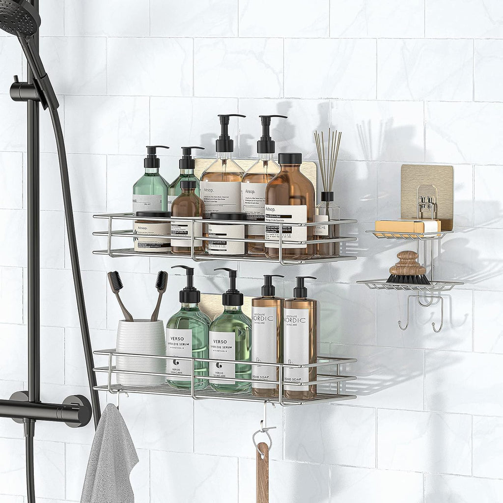Shower Caddy Basket Shelf with Soap Holder 3 Pack, No Drilling Traceless Adhesive Shower Organizer Storage for Inside, Shower Wall Shelves with Hooks, SUS304 Stainless Steel Bathroom Organizer Shelf