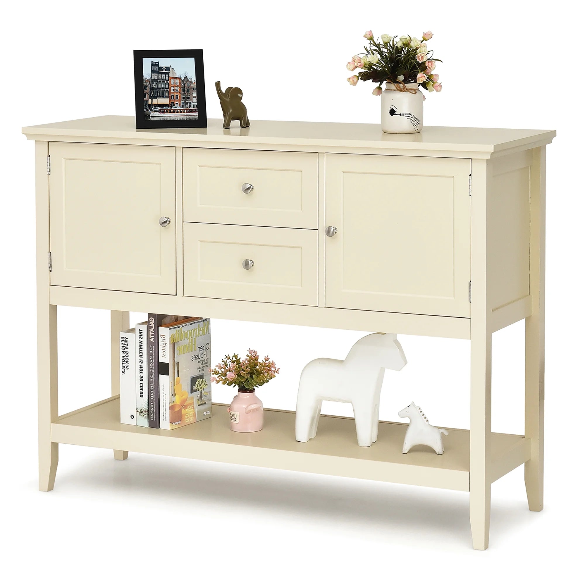 Sideboard Buffet Table Wooden Console Table W/ Drawers & Cabinets Beige