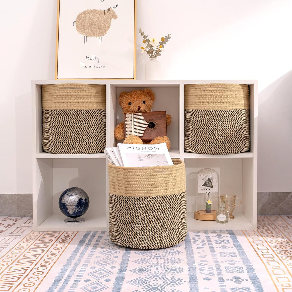 Storage Cubes Baskets Bins Organizer 11X11X11'' Fit 12X12''Cube Storage Organizer Bookcases Shelf,Durable Woven Cotton Storage Basket for Organizing,Round 3Pack Camel/Mixed Black
