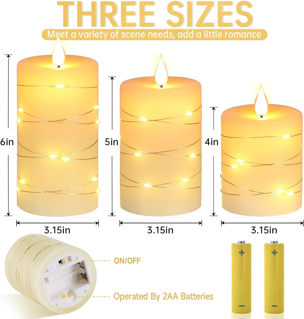 3 Pack Ivory Real Wax Flameless Taper Candles, Lifelike Flickering LED Flame Candles with Surrounding Copper String Lights, Soft Warm Battery Candles with Remote for Home Wedding Holiday Decor