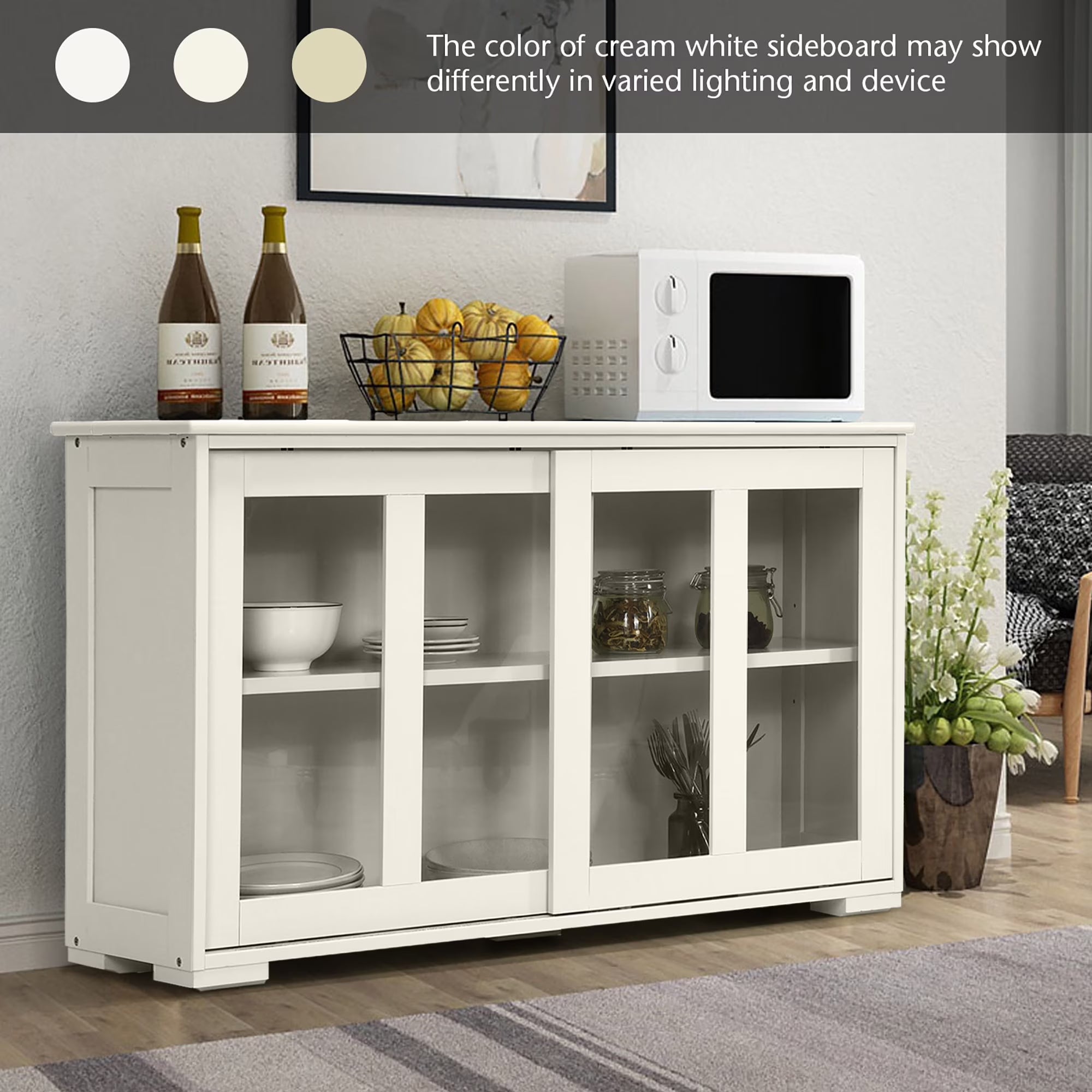 Storage Cabinet Sideboard Buffet Cupboard Glass Sliding Door Pantry Kitchen Off-White