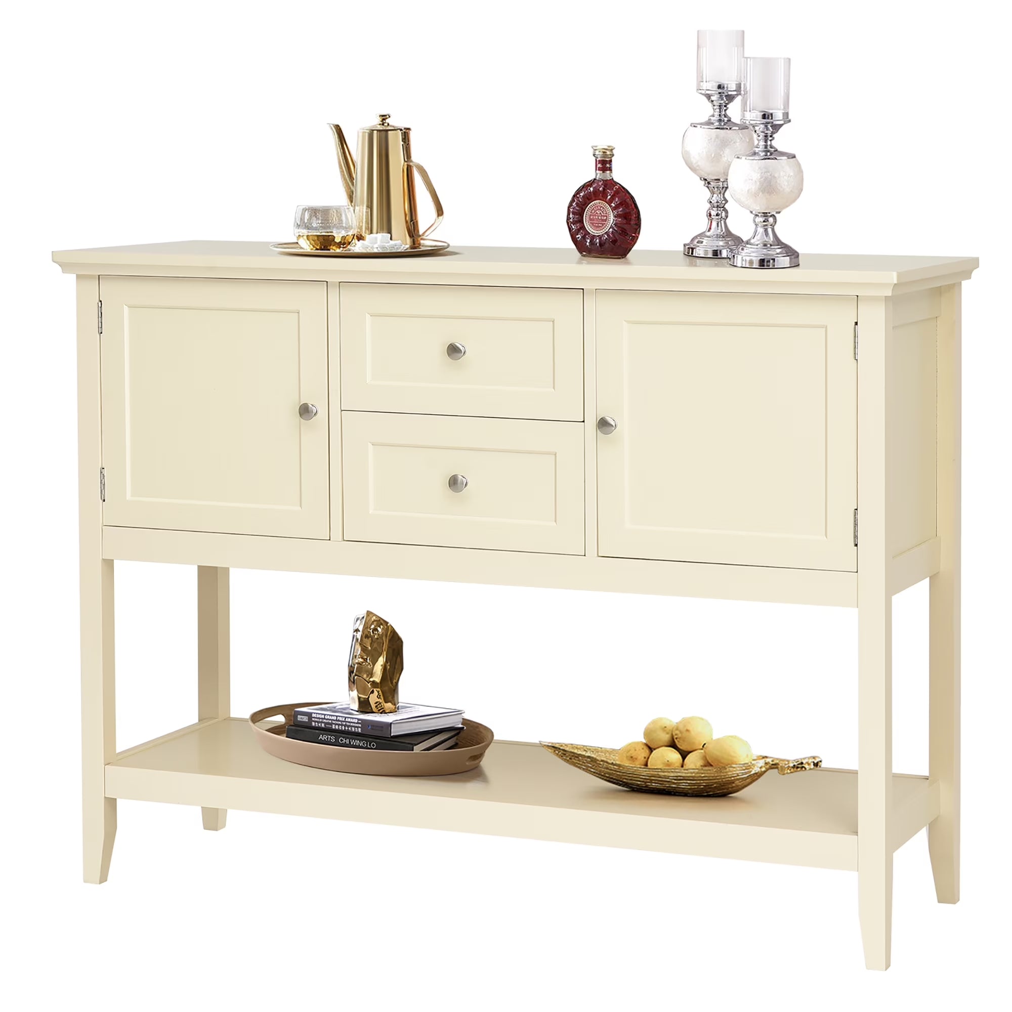 Sideboard Buffet Table Wooden Console Table W/ Drawers & Cabinets Beige