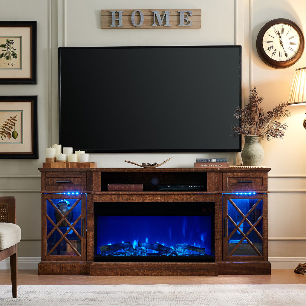 Farmhouse 3-Sided 70" Fireplace TV Stand for 80" Tvs, Entertainment Center with Electric Fireplace and Storage Drawers, Reclaimed Barnwood